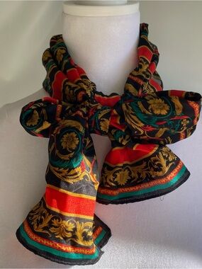 Vintage 80s Elaine Gold Silk neck scarf baroque pattern red gold green print